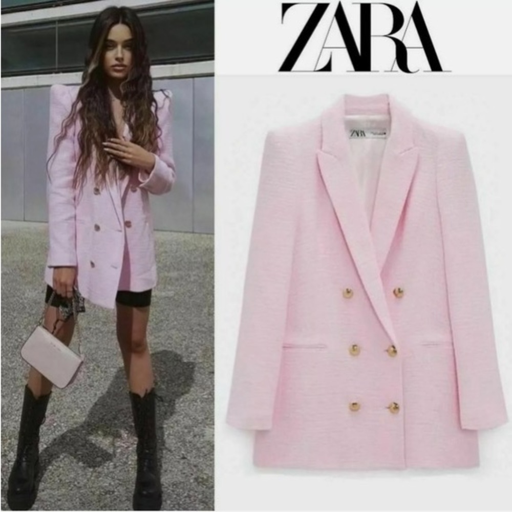 Zara tweed pink suit set jacket and shorts